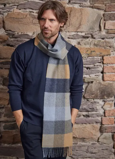 Long Lambswool Fringed Scarf in BeigeBlue Check